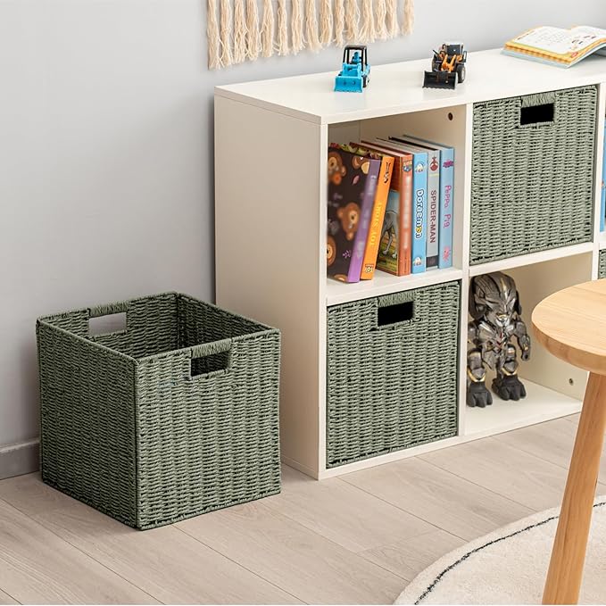 Handwoven Paper Woven Cube Basket Organizer with Handles set of 4 Foldable Storage baskets for Bedroom Living Room Cubby Storage Units for Clothes Books Toys (Green, 13" L x 13" W x 13" H)
