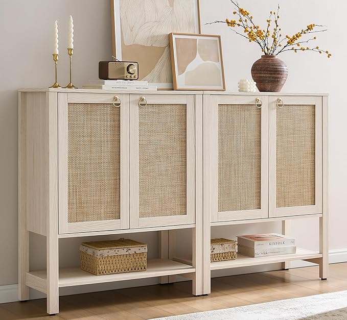 SICOTAS Shoe Storage Cabinet for Entryway - 5 Tier Rattan Entry Shoe Organizer Cabinet with Shelves & Doors, 2 Pieces Farmhouse Boho Shoe Rack for Hallway, Living Room, Closet (White Cream Oak)