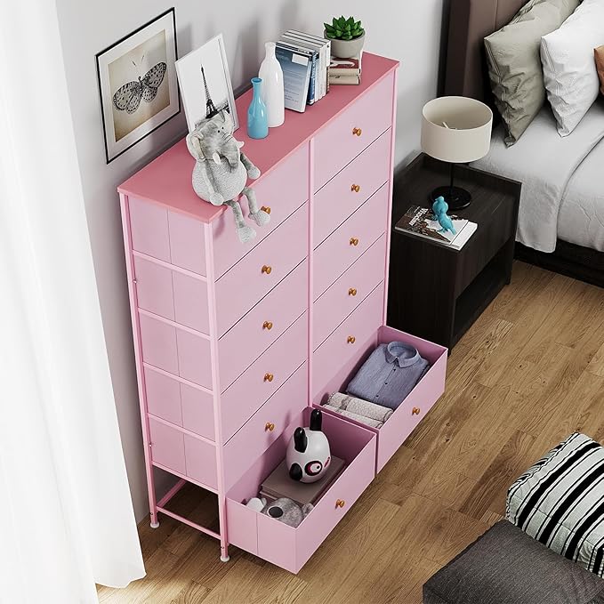 Arlopu 12-Drawer Dresser, 35.2’‘ Widened 6-Layer Fabric Storage Tower w/Textured Print Fabric Bins, Tall Chest Organizer Unit for Living Room, Hallway, Nursery, Closets, Adjustable Feetpad