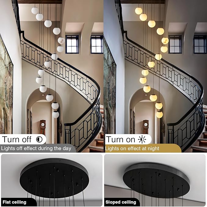 Black Alabaster Chandelier,14-Lights Staircase Chandelier for Entryway, Modern Marble Hanging Light Fixture, Hight Ceiling, Foyer, Living Room, Staircase, Entry