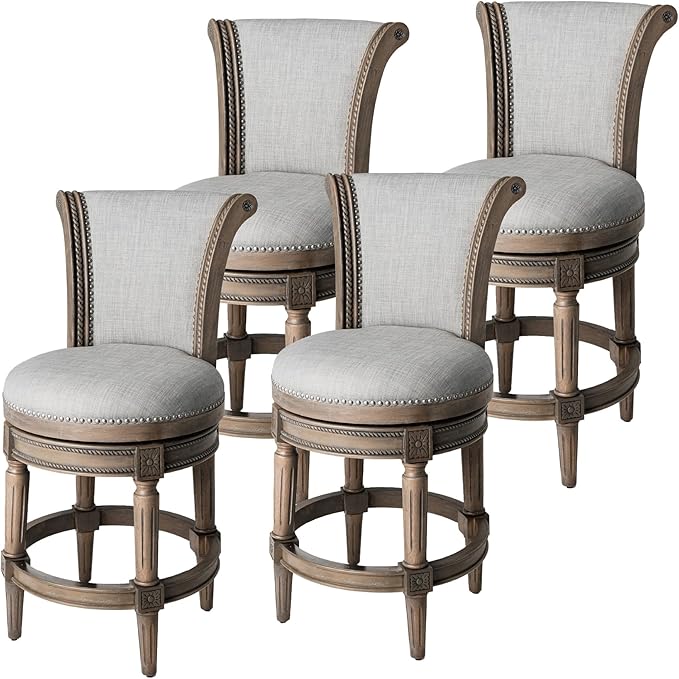 Maven Lane Pullman Counter Stool 26 Inches – Set of 4 – Swivel Stools with Footrest – Grey Solid Wood Frame & Grey Fabric Upholstery – Perfect for Kitchen Islands & Counters