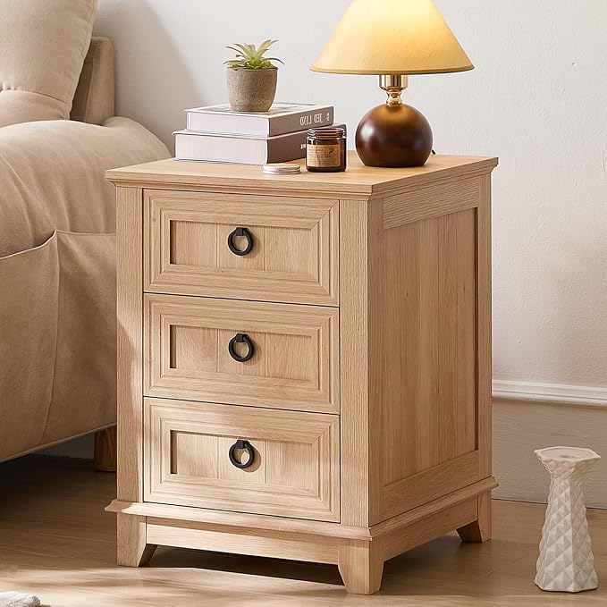 18" Farmhouse Night Stands Set of 2 with 3 Drawers, Wood Bedside End Table, Natural Nightstand, Bed Side Table Cabinet with Metal Handle for Bedroom Living Room, Closet
