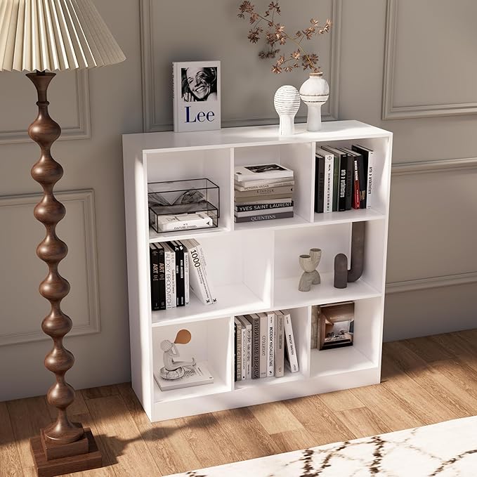 8-Cube Wooden Bookshelf with Base,3-Tier Freestanding Open Storage Organizer,Multi-Functional Bookcase for Living Room,Bedroom,Study and Office (White, 8-Cube)