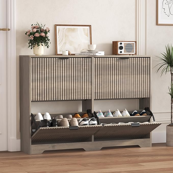 Shoe Cabinet Storage for Entryway with 4 Flip Drawers, Grey Fluted Shoe Cabinet with Adjustable Shelves, Wooden Hidden Shoes Rack Freestanding Narrow Slim Shoes Storage for Hallway, Entrance