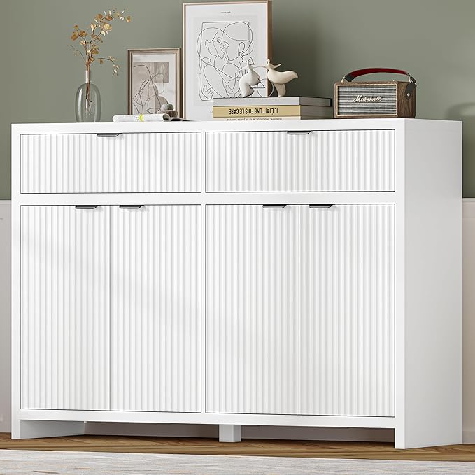 Fluted Sideboard Buffet Cabinet with Storage and Large Drawers, 55" W Credenza Storage Cabinet for Living Room or Entryway, 40'' H Farmhouse Buffet Table with Adjustable Shelves, Console Cabinet