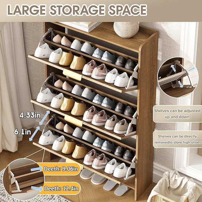 Rattan Shoe Storage Cabinet with 3 Flip Drawers & Chalkboard, Freestanding Organizer for Front Door Entrance, Hidden Narrow Shoe Rack Cabinet Storage for Entryway, Rustic Oak Rattan