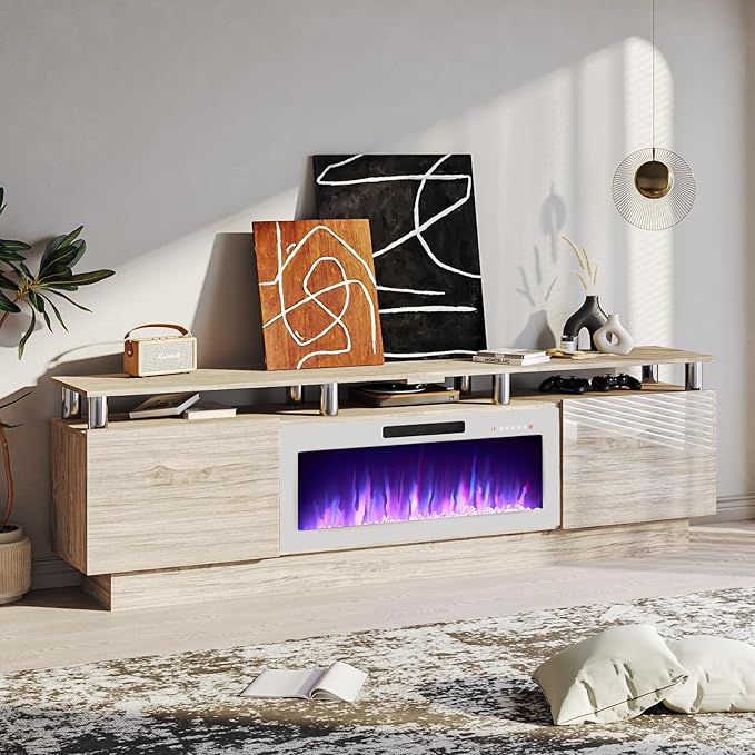 80" Modern Fireplace TV Stand with 36" Electric Fireplace for TVs Up to 90 inch, Luxury LED Light Entertainment Center with High Gloss Cabinet, Grey + Silver Posts with White Fireplace