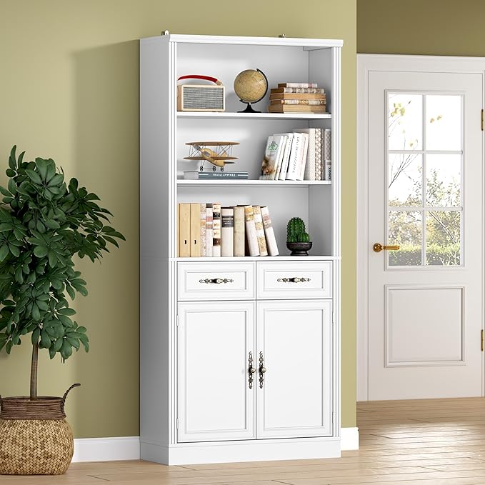 71.4" Tall Bookshelf with Drawers & Cabinet, 5-Tier Floor Standing Bookcase with Storage Doors, Adjustable Shelves & Metal Handles, 31.5" Wide Organizer for Home Office, Living Room