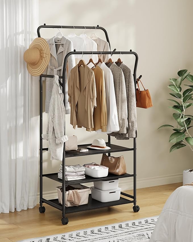 Clothes Rack, 3-Tier Rolling Garment Rack, Dual-Rod Clothing Rack with Hooks and Wheels, Y-Shaped, Freestanding Clothing Hanging Organizer, for Bedroom, Living Room, Laundry Room Black TYM07BB