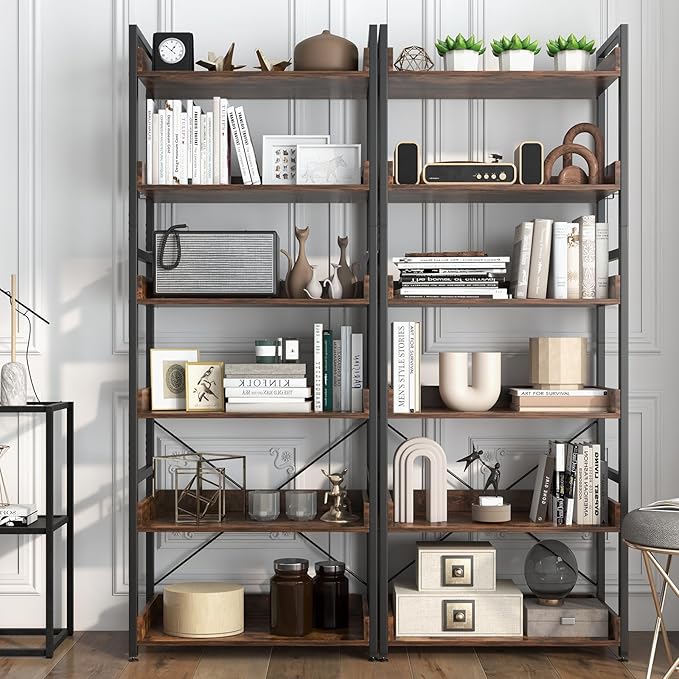 Tangkula 6-Tier Bookshelf, 70” Tall Industrial Bookcase w/Open Shelves & 4 Hooks, Storage Rack w/Metal Frame, Vintage Standing Display Rack for Study Living Room Kitchen (2, Rustic Brown)