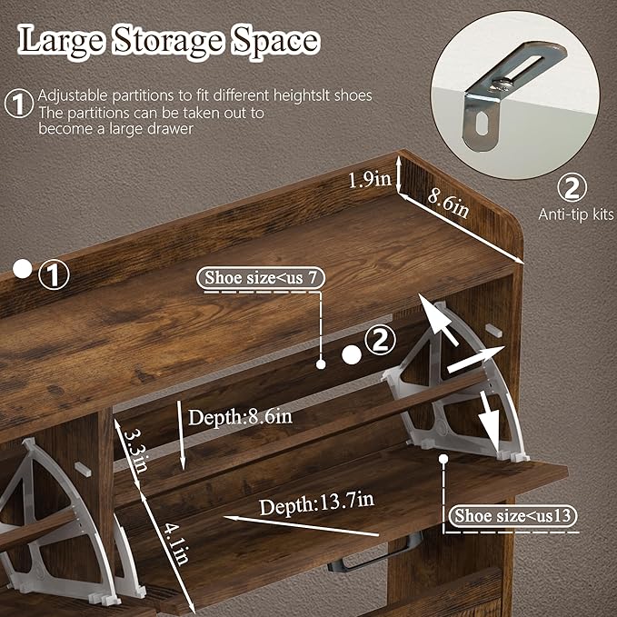 MISHAO Shoe Storage Cabinet with 4 Flip Drawers, Narrow Hidden Shoe Cabinet with Metal Legs & Adjustable Shelf, Freestanding Slim Shoe Rack Organizer for Entryway, Rustic Brown