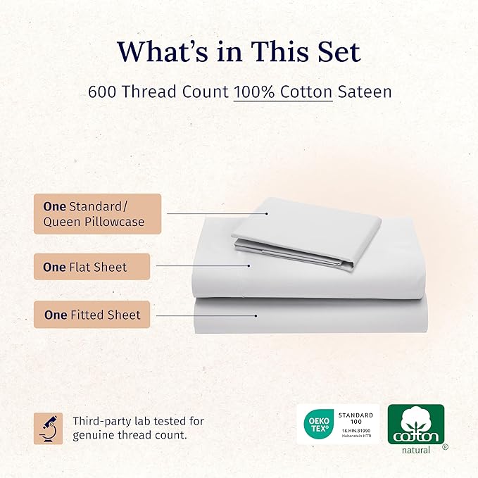 California Design Den Hotel Quality Twin Size Sheets Set - Luxury 600 Thread Count Sateen, Natural 100% Cotton, Fully Elasticized Deep Pocket Twin Sheets Set Cotton, Cool and Durable - Light Silver