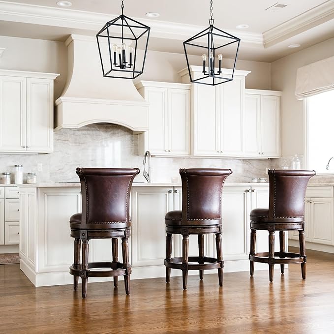 Maven Lane Pullman Counter Stool 26 Inches – Swivel Stool with Footrest – Dark Brown Solid Wood Frame & Brown Faux Leather Upholstery – Perfect for Kitchen Islands & Counters