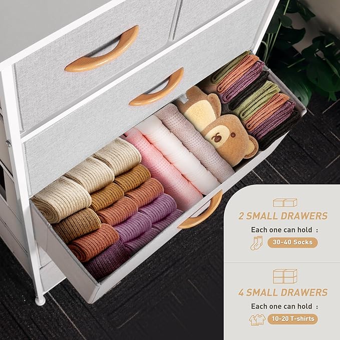 Tall Dresser for Bedroom, Vertical Storage Organizer Tower with 6 Drawers, Chest of Drawers with Fabric Bins, Steel Frame, Wood Top for Bedroom, Closet, Entryway- Light Grey