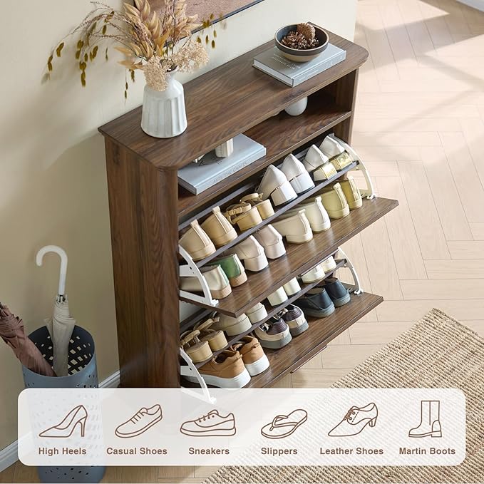 Okvnbjk Fluted Narrow Shoe Cabinet with 2 Flip Drawers, Shoe Storage Cabinet with Open Storage & Curved Profile Design, Wood Shoes Rack for Entryway, Hallway, Dark Walnut