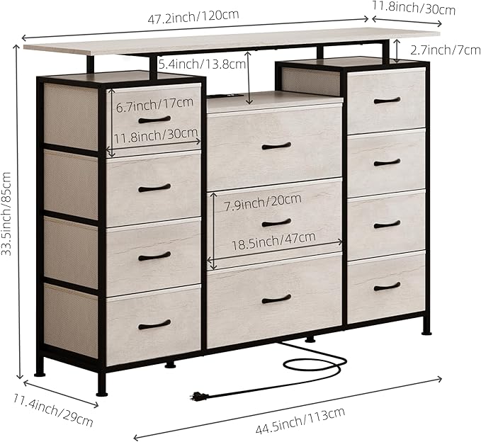 LUMTOK 11 Drawers Dresser with Fabric Drawers,Charging Station, LED Lights and Shelves for Bedroom Storage Organization (Greige)