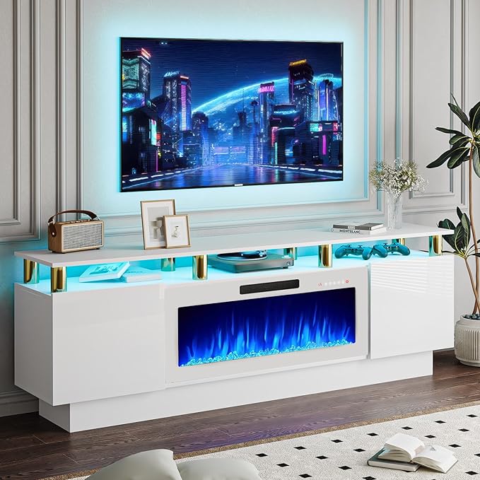 70" Modern Fireplace TV Stand with 36" Electric Fireplace for TVs Up to 80 inch, Luxury LED Light Entertainment Center with High Gloss Cabinet (White + Gold Posts with White Fireplace)