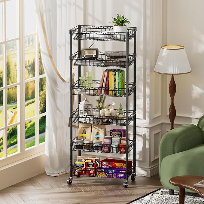 SINGAYE 6 Tier Basket Shelf Wire Shelving Unit Adjustable Storage Shelves Big Basket Rack for Garage Kitchen Office Pantry Corner 17" Dx12 Wx63 H Black