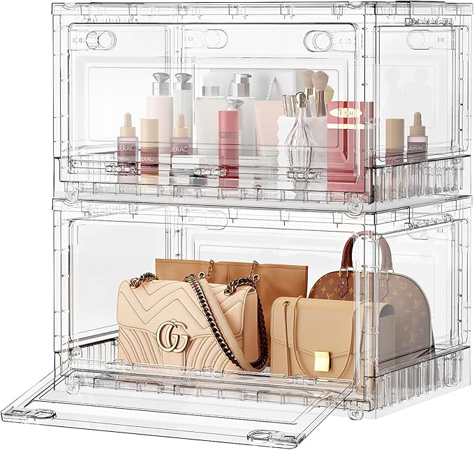 Clear Stackable Storage Bins Drawers, Open Front Large Plastic Storage Bins with Lids, Foldable Closet Organizers and Storage for Wardrobe Cabinets, Pantry, Makeup,2 Pack