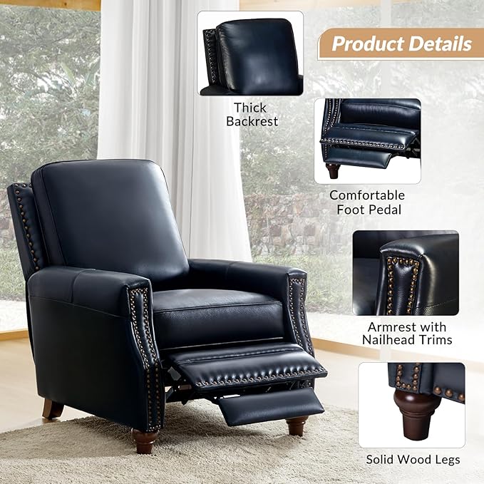 HULALA HOME Genuine Leather Recliner Chair, Classic Push Back Recliner Armchair with Thick Seat and Backrest (Navy)