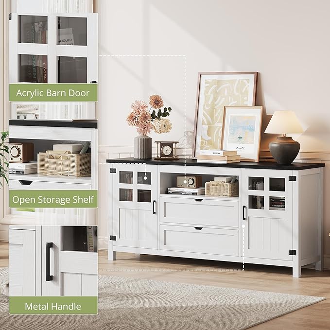 Farmhouse TV Stand with Storage, Entertainment Center TV Console for Living Room, Bedroom (Rustic White)