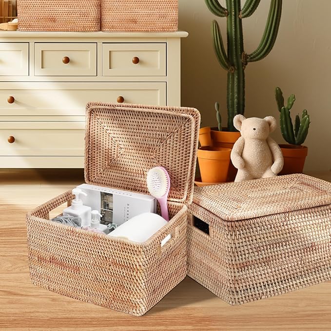 Rattan Basket With Lid, Large Lidded Basket For Storage(15.75" L×14.17" W×11.81" H)