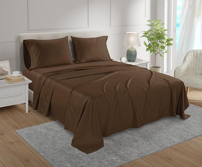 100% Cotton Sheets King Size Sheets Set with Fitted Sheet & Pillowcase Sets, 800 Thread Count Sateen Weave 4 Piece Deep Pocket King Sheet Set, Soft & Comfy Naturally Cool Luxury Bedding- Chocolate