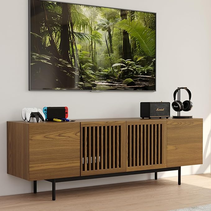 POVISON Full Assembled Mid-Century Modern TV Stand with Slatted Doors, Wood Media Console for 65 Inch TV, TV Console with Tall-cast Metal Legs, Entertainment Center with Storage for Living Room