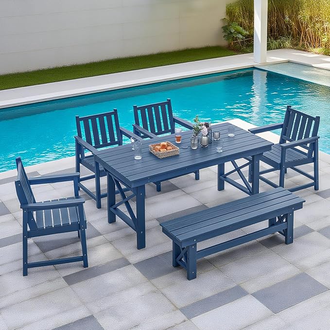 QUASCO Outdoor Patio Dining Set for 6, HDPE Dining Furniture Set with Umbrella Hole Cut-Out Table and 4 Chairs and 1 Bench, All Weather Outdoor Dining Bench Sets for Garden, Deck, Navy Blue