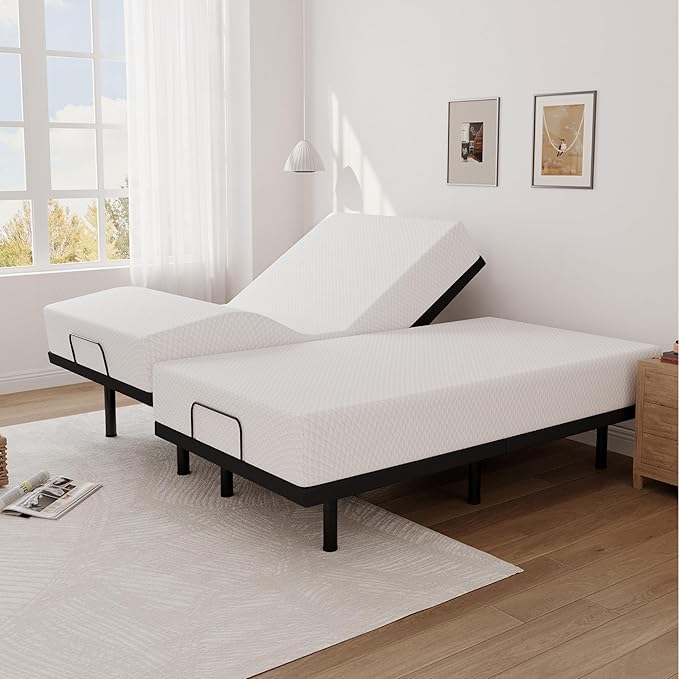 Split King Adjustable Bed Base Frame and 12 inch Green Tea Memory Foam Mattress, Electric Bed Base Wireless Remote, Zero Gravity Bed, Head and Foot Incline, Anti-Snore,Easy Assembly