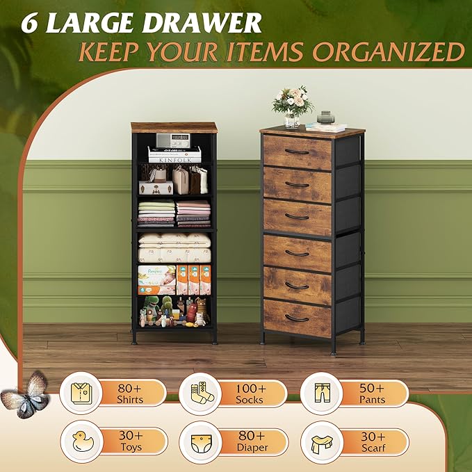 WLIVE Tall Dresser for Bedroom, 6 Drawer Dressers & Chests of Drawers, Fabric Dresser for Closet, Night Stand with Metal Frame, Storage Tower with Fabric Bins, Wood Top, Rustic Brown Wood Grain Print