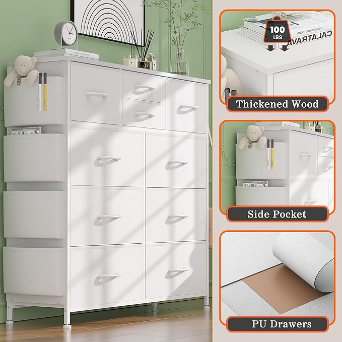 Lulive White Dresser for Bedroom with 10 Drawers, Chest of Drawers with Side Pockets and Hooks, PU Storage Dresser, Organizer Unit for Living Room, Hallway, Closet (White)