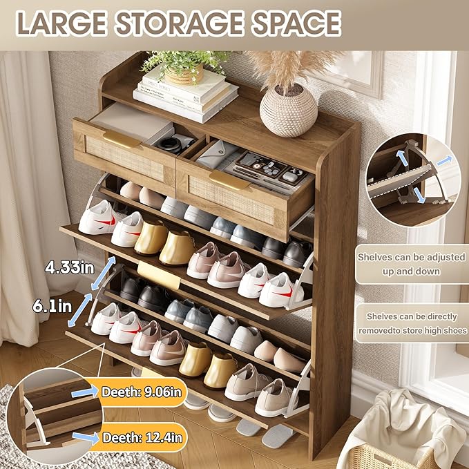 Rattan Shoe Storage Cabinet with 2 Flip Drawers & 2 Drawers, Freestanding Organizer for Front Door Entrance, Hidden Narrow Shoe Rack Cabinet Storage for Entryway, Rustic Oak Rattan