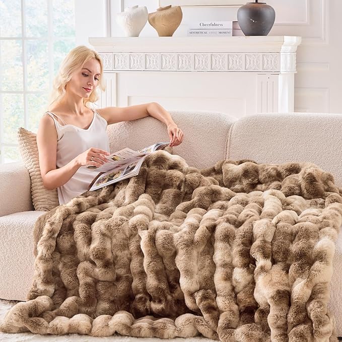 BENVWE Fluffy Faux Fur Throw Blanket for Couch - Soft, Plush, Thick, Cozy, Fuzzy Luxury Minky Bubble Blanket for Home Living Room Decor, Gifts for Women, Tie-dye Brown, 51" x 63", 1100GSM