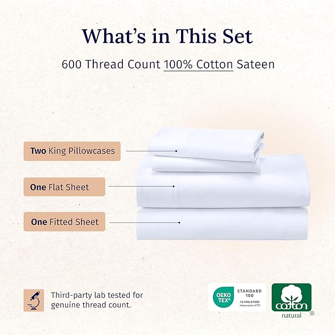 California Design Den California King Sheet Set - Luxury 600 Thread Count 100% Cotton Sateen, Deep Pocket Sheets with All Around Elastic for a Snug Fit, Hotel Quality Bedding Set - White
