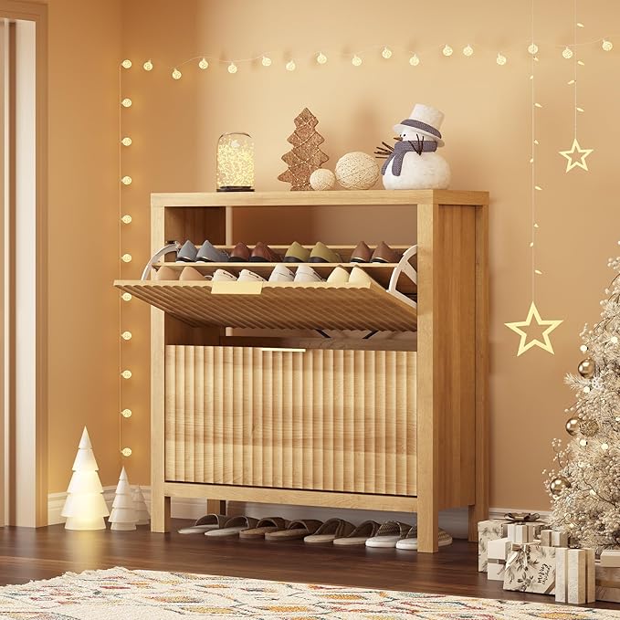 Shoe Cabinet Storage for Entryway, Fluted Shoe Cabinet with 2 Flip Drawers, Hidden Shoe Rack Tall Freestanding Shoe Organizer with Legs for Hallway, Wood