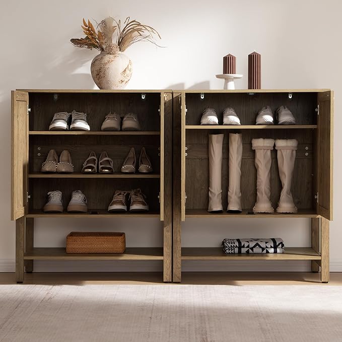 SICOTAS Rattan Shoe Cabinet with Storage - 5 Tier Farmhouse Boho Shoe Organizer Storage Cabinet with Shelves & Doors, Tall Shoe Rack Cabinet for Entryway, Living Room, Closet (Carbon Cherry)