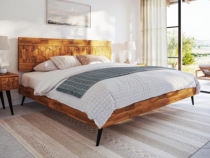 Bme Georgina Signature Bed Frame with Handcrafted Geometric Headboard, Mid Century Modern, Solid Acacia Wood, No Box Spring Needed, 12 Strong Wood Slats Support, Easy Assembly, Teak Brown, King