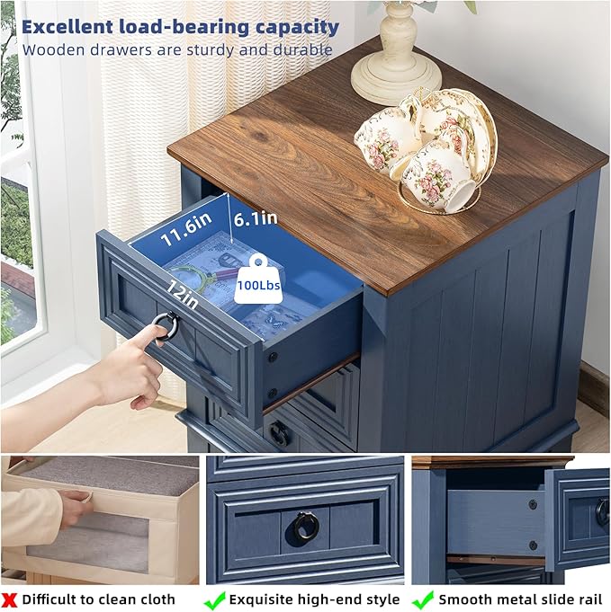 Night Stand Set of 2, Farmhouse 18" End Table with 3 Drawer Metal Handle, Dresser for Bedroom, Sofa Bed Side Table Chest of Drawers,Wood Nightstand Cabinet for Organizer, Living Room-Blue