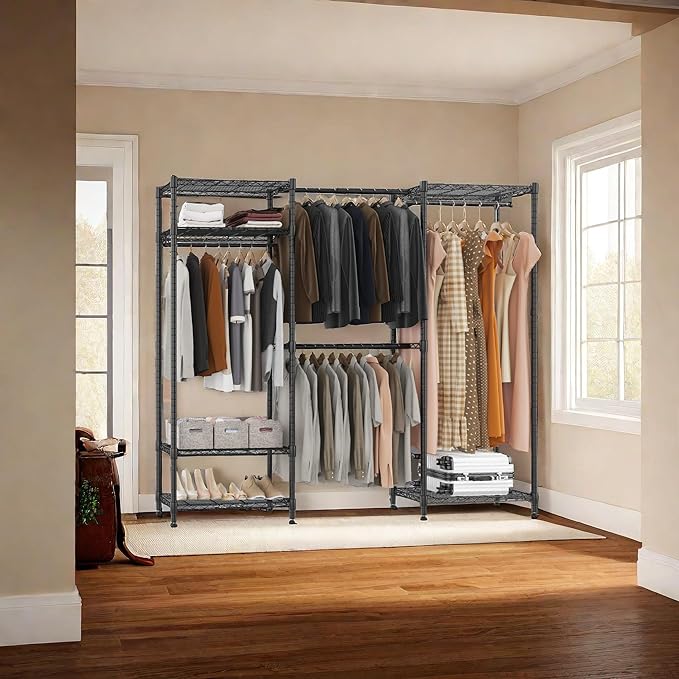 BATHWA Adjustable Heavy Duty Wardrobe Closet Organizer - Expandable Metal Clothing Rack with 4 Hanging Rods, 6 Shelves, and 4 Hangers, Freestanding Closet System 70.9”H x (68.9”-90.2”)L x 14”D, Black