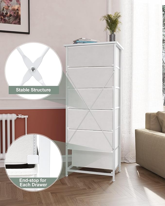 Crestlive Products Tall Dresser for Bedroom Vertical Storage Tower - Sturdy Steel Frame, Wood Top, Easy Pull Fabric Bins, Handles - Organizer Unit for Hallway, Entryway, Closets - 6 Drawers (White)