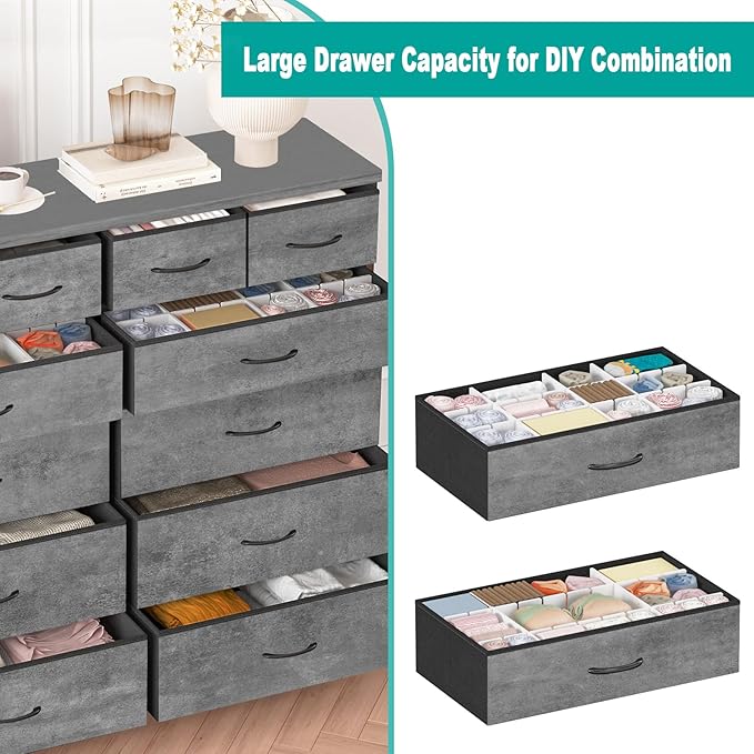 Gray Dresser for Bedroom with 12 Deep Drawers, Wide Chest of Drawers, 55" Wood Top TV Stand, Tall Fabric Storage Cabinet for Closet, Nursery, Kid's Room