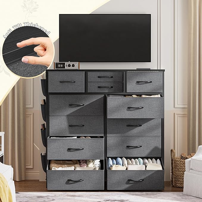 EnHomee Dresser for Bedroom with 12 Drawers, Dressers & Chest of Drawers with Side Pockets, Fabric Dresser for Bedroom, Hallway, Living Room, Sturdy Metal Frame, Wood Top, Grey