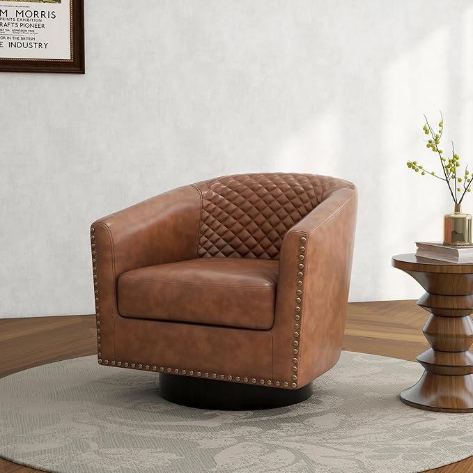 Swivel Barrel Accent Chair, Comfy Modern Upholstered Round Faux Leather Arm Chair for Living Room, Bedroom（Brown, Set of 1