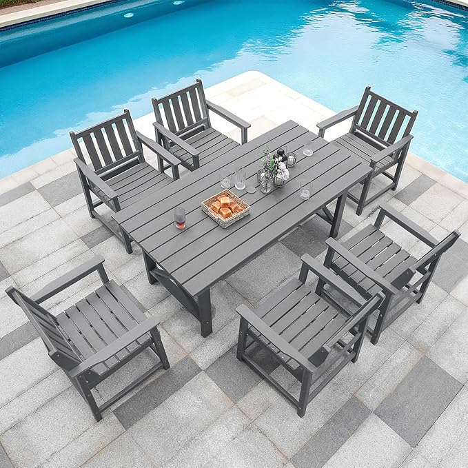 QUASCO Outdoor HDPE Dining Table Set, 7-Piece Outdoor Patio Dining Sets with Umbrella Hole Cut-Out Table and 6 Chairs for Backyard, Deck, Garden and Poolside, Gray