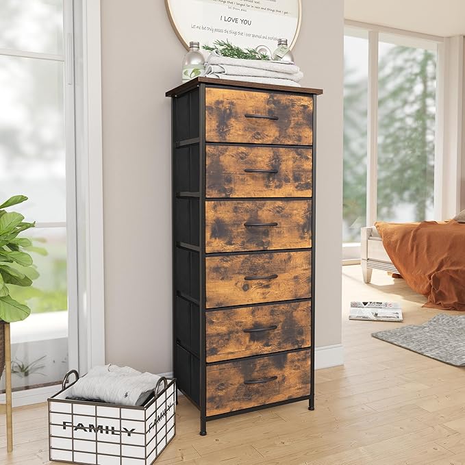 Crestlive Products Vertical Dresser Storage Tower - Sturdy Steel Frame, Wood Top, Easy Pull Fabric Bins- Organizer Unit for Bedroom, Hallway, Entryway, Closets - 6 Drawers (Rustic Brown)