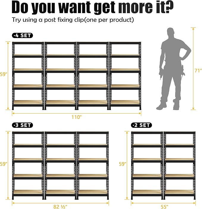 PrimeZone Storage Shelves 4 Pack 5 Tier Adjustable Garage Storage Shelving, Heavy Duty Metal Storage Utility Rack Shelf Unit for Warehouse Pantry Closet Kitchen, Black