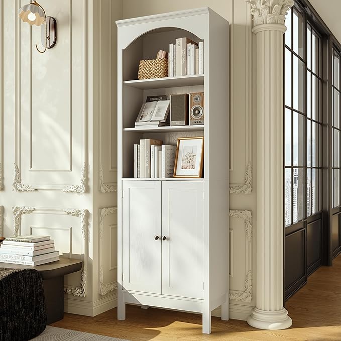 71" H Tall Bookshelf with Doors, Farmhouse Book Shelf with 3-Tier Open Shelves, Wooden Bookcase with Storage Cabinet, Freestanding Display Bookshelves for Bedroom, Living Room, White