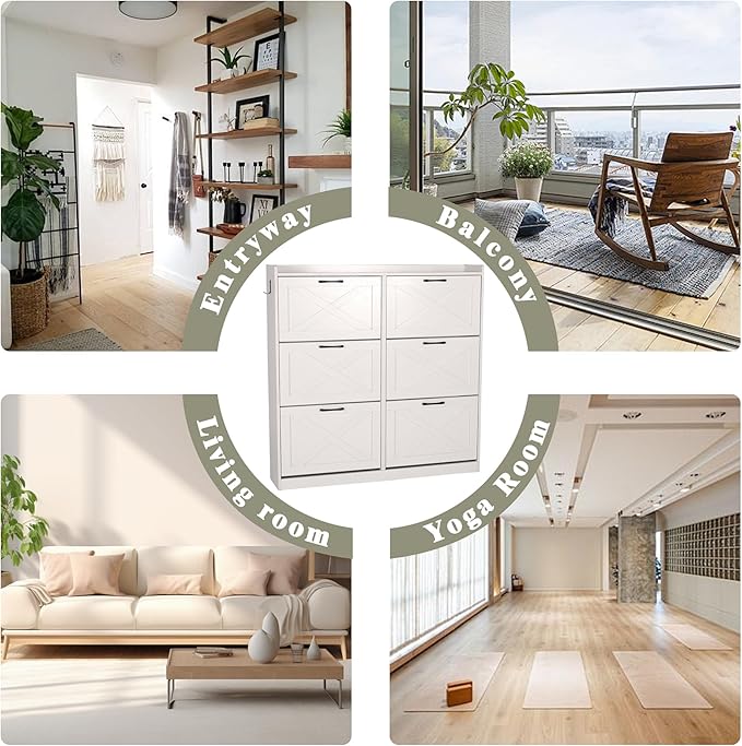 Shoe Cabinet with 6 Flip Drawers, Shoe Storage Cabinet for Entryway, Freestanding Hidden Shoe Cabinet Organizer with Open Storage, Narrow Shoe Rack with Legs, Oak White