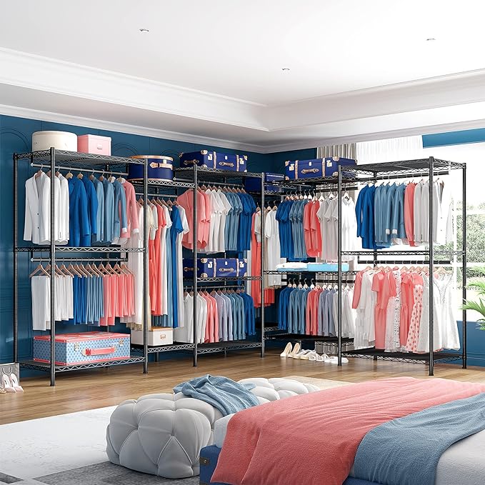 Raybee Heavy Duty Clothes Rack for Hanging Clothes Clothing Rack with Shelves,Portable, Adjustable,Metal,Max Load 900lbs,Black